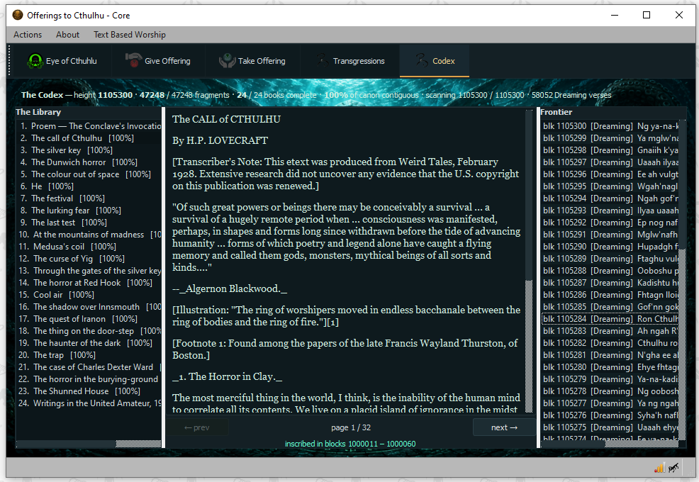 The Codex tab reading the Lovecraft canon out of the chain
