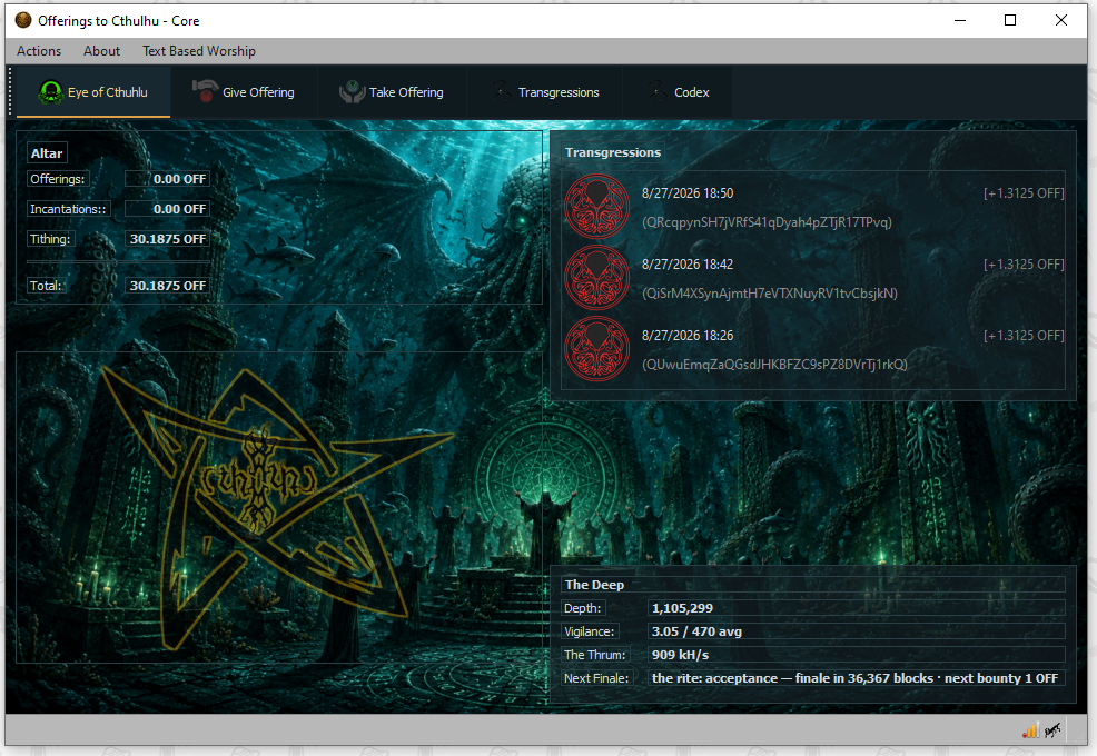 The Eye of Cthulhu overview screen, showing the Altar and The Deep