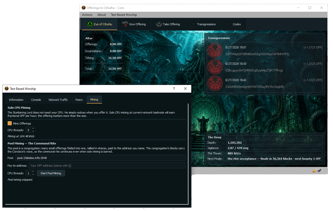 The Mining tab inside the Text Based Worship window